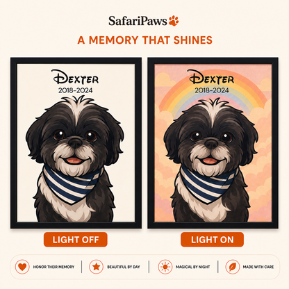 Personalised light-up pet portrait shown with the glow off and on