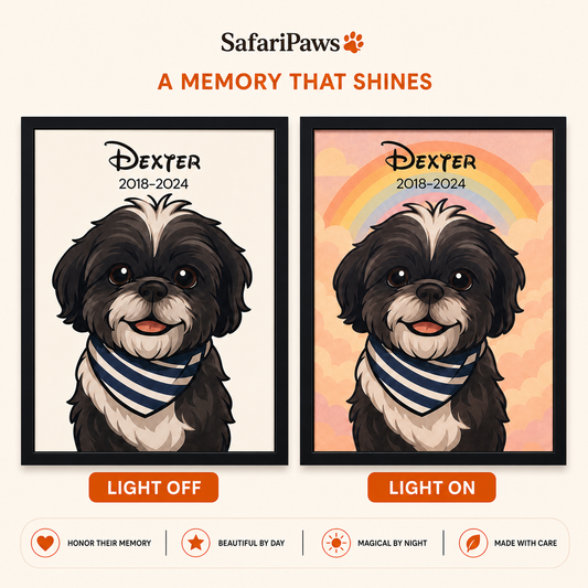 Personalised light-up pet portrait shown with the glow off and on
