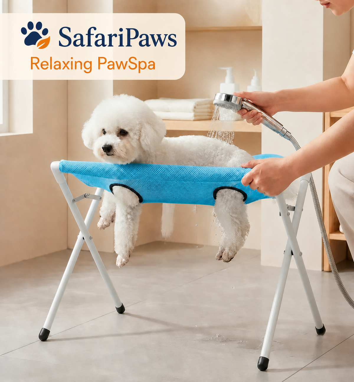 Dog standing on the PawSpa foldable mesh grooming table during a bath