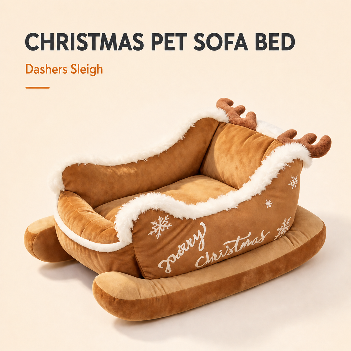 Sleigh-shaped Christmas pet sofa bed in brown plush with faux-fur trim